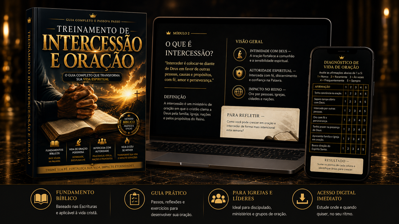 Mockup do Treinamento de Intercessão e Oração em livro, notebook e celular
